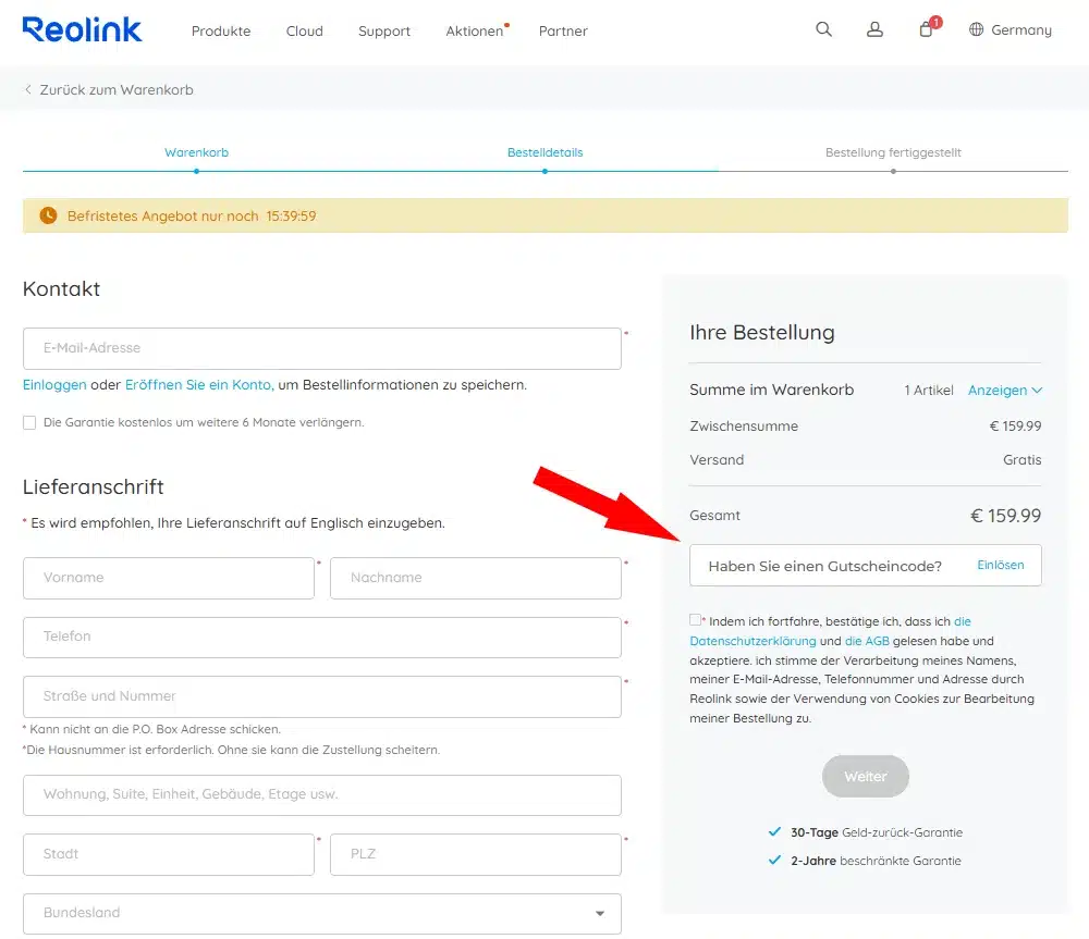 Reolink Gutschein einlösen